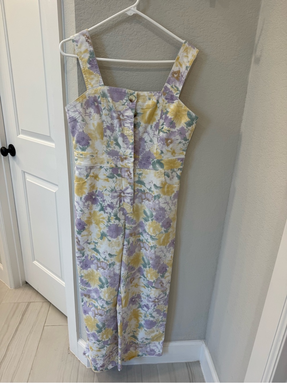 Floral Print Wide-Strap Jumpsuit in Yellow and Lavender